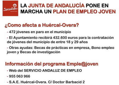 El PSOE exige al PP que presente cuanto antes los proyectos de empleo para que los 472 jvenes desempleados del municipio se puedan beneficiar de los 432.600  que la Junta ha destinado para el municipio