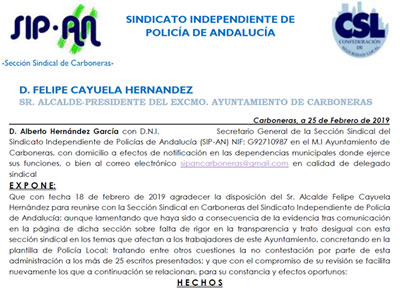 El sindicato Sip-An Seccin Sindical de la Polica Local de Carboneras acusa al alcalde de trato discriminatorio