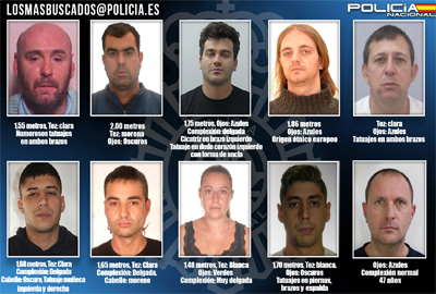 La Policía Nacional busca a diez fugitivos que podrían encontrarse en España