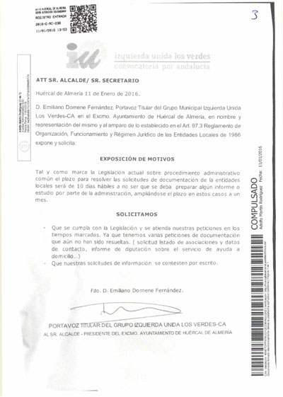 El equipo de gobierno asegura que la documentacin que IU ha pedido dos veces le fue enviada el 2 de diciembre de 2015